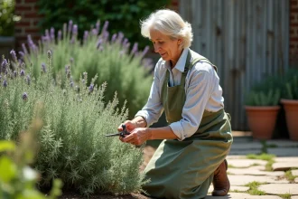 Femme taillant un plant de sauge avec un sécateur dans un jardin de cottage entouré de plantes aromatiques