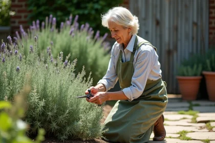Femme taillant un plant de sauge avec un sécateur dans un jardin de cottage entouré de plantes aromatiques