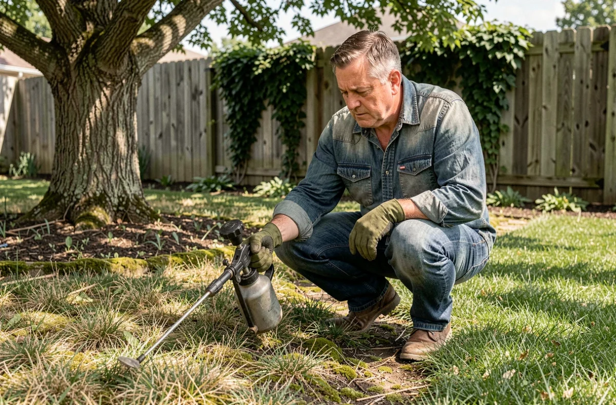 Jardinier appliquant un traitement sélectif gazon à l'aide d'un pulvérisateur sous un grand arbre ombragé dans un jardin résidentiel