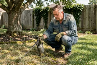 Jardinier appliquant un traitement sélectif gazon à l'aide d'un pulvérisateur sous un grand arbre ombragé dans un jardin résidentiel