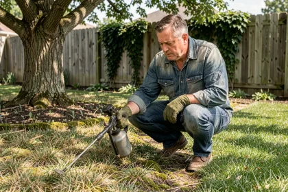 Jardinier appliquant un traitement sélectif gazon à l'aide d'un pulvérisateur sous un grand arbre ombragé dans un jardin résidentiel