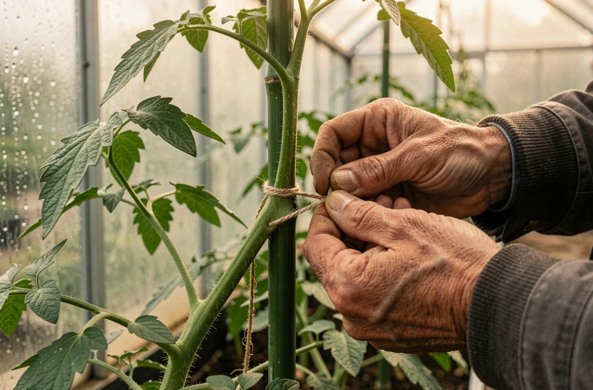 Gros plan sur des mains attachant un plant de tomates tuteuré avec une ficelle dans une serre