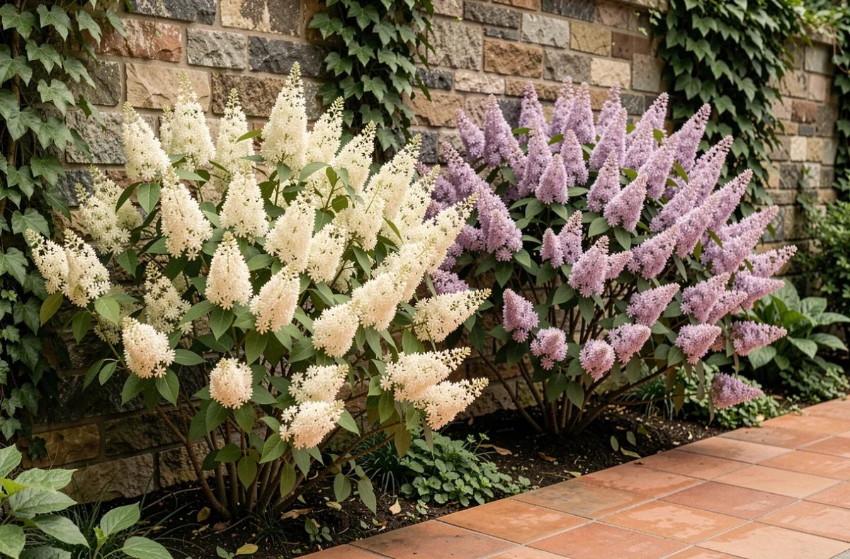 Comparaison de variétés de Lilas du Japon dans un jardin résidentiel devant un mur en pierre