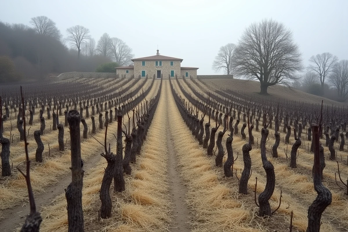 Vue panoramique d'un vignoble français en hiver après taille, rangs de vignes taillées sur une colline avec une ferme en pierre en arrière-plan