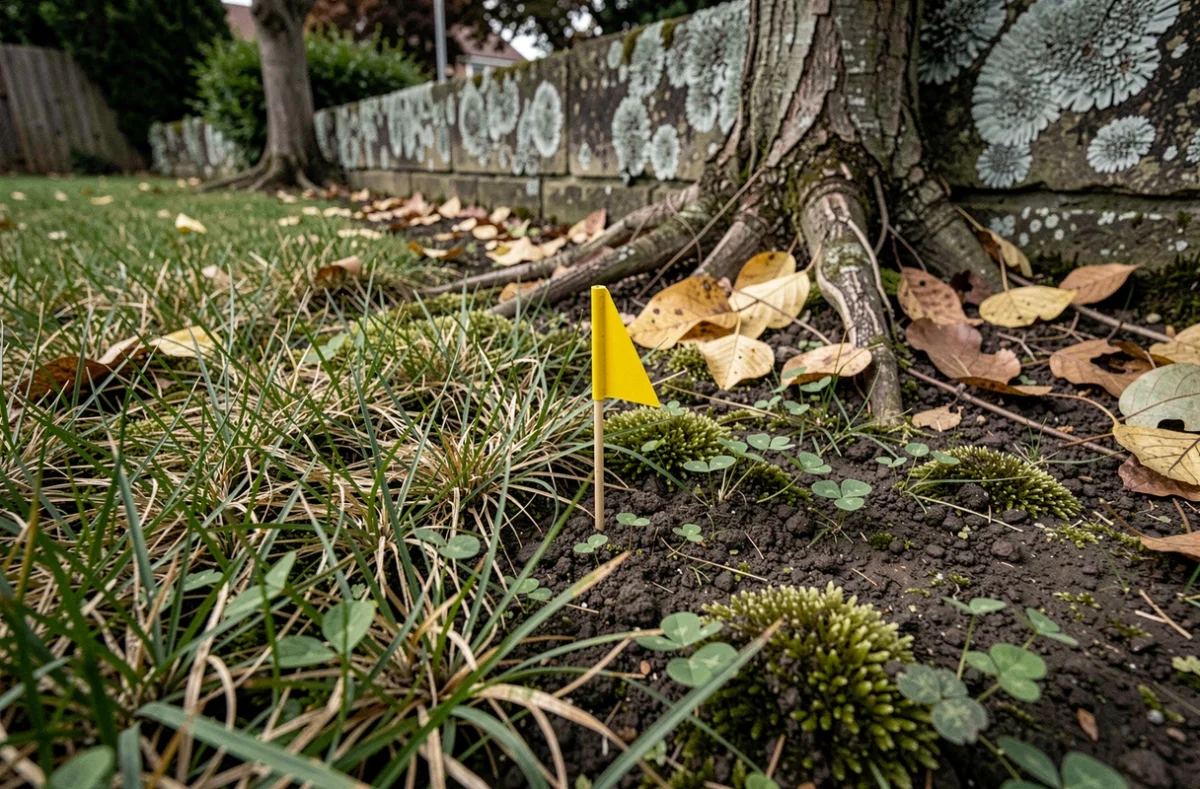 Gros plan sur une zone de gazon fragile et ombragée avec mousse, trèfle et drapeau de traitement sélectif planté dans le sol
